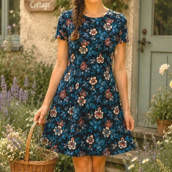 LOFT Dresses & Skirts - LOFT Floral Short Sleeve Swing Jersey Knit Dress Sz XS Boho Modest Cottagecore
